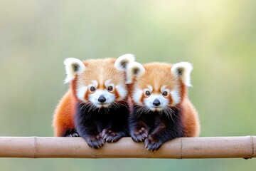 Two adorable red pandas sit closely on a bamboo branch, surrounded by a soft, blurred green background