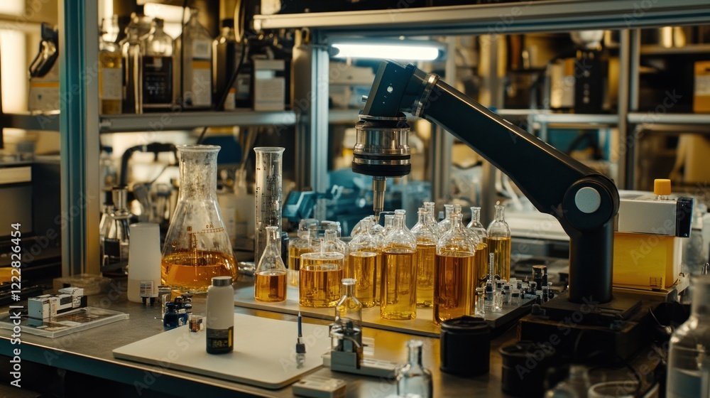 Poster automated robotic system dispensing liquid into bottles