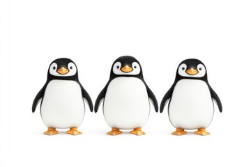 Obraz premium Three adorable penguin figurines standing together on a white background, perfect for playful decor or gifts