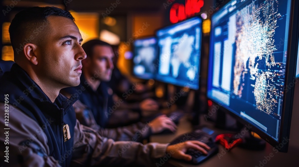 Poster focused cybersecurity team monitoring global network data