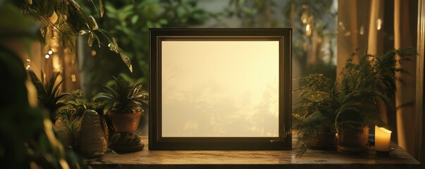 Empty picture frame surrounded by plants and candles in cozy ambient setting