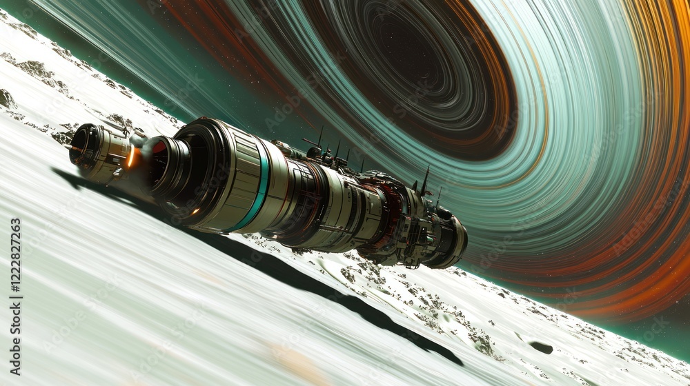 Poster spaceship orbiting a ringed planet in space