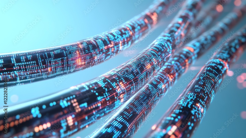 Poster illuminated data streams flowing through digital tubes