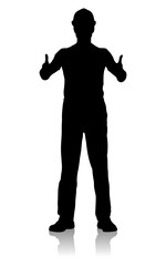 Silhouette of a Smiling Construction Worker Giving Double Thumbs Up Gesture. Vector Flat Style Illustration Isolated On White