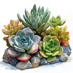Fototapeta premium A vibrant arrangement of various succulent plants nestled among smooth stones, showcasing their unique shapes and colors