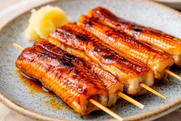 Savory grilled eel skewers served elegantly with fresh ginger