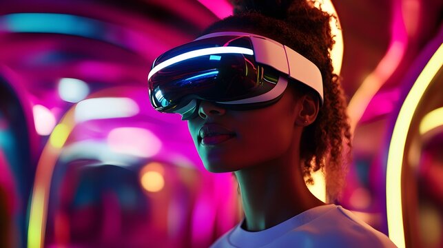 Woman uses VR headset in neon-lit arcade