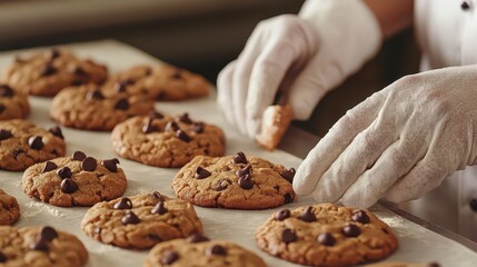 Baker carefully placing chocolate chip cookies on a tray in a warm kitchen setting