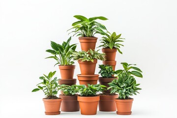 Obraz premium A Captivating Composition of Potted Plants in Terracotta Pots. A Stunning Display of Lush Foliage, Perfect for a Home or Office Decor. 