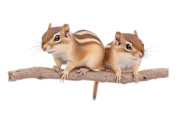 Two adorable chipmunks perched on a branch, showcasing their playful nature against a clean white backdrop