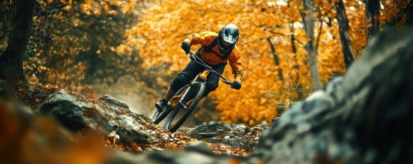 Mountain biker navigating rocky trail through vibrant autumn forest