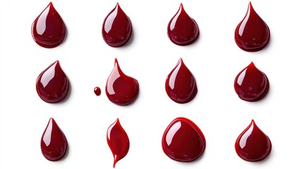 A collection of red paint drops arranged artistically on a white background.
