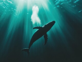 Fototapeta premium Majestic whale swimming underwater with sunlight rays