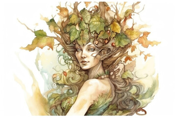 forest tree spirit, girl, watercolor., watercolor style, Generative AI