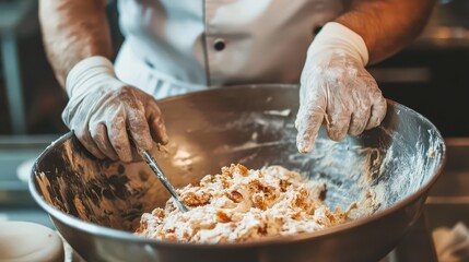 Fototapeta premium Chef preparing a creamy dessert mixture in a large bowl in a busy kitchen environment