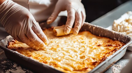 Chef skillfully preparing a cheesy lasagna in a professional kitchen, showcasing culinary expertise