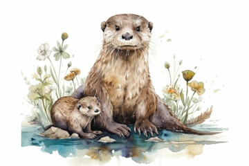 cute otter with her baby in the water., watercolor style, Generative AI