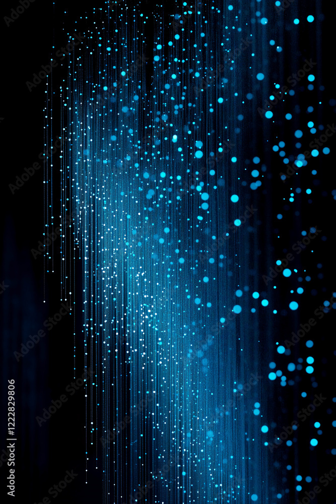 Poster Abstract blue glowing lines and dots with digital effect on dark background