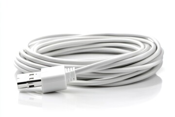 A coiled white USB cable ready for connecting devices.