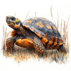 Obraz premium A vibrant tortoise navigating through tall grass in a serene natural habitat, showcasing wildlife beauty