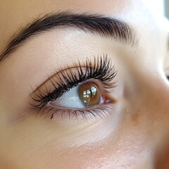 Obraz premium Close-up of a woman's eye with long eyelashes.