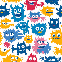 A colorful pattern of playful, cartoonish monsters with various expressions.