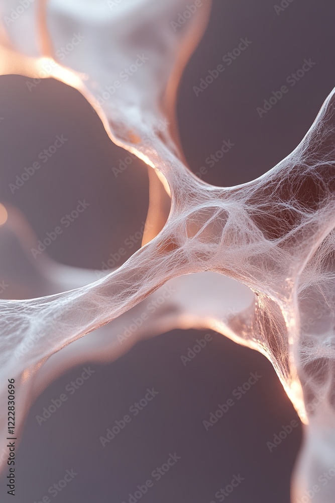 Poster glowing veins extend from a central point, bathed in soft orange and red hues. set on a dark gradien