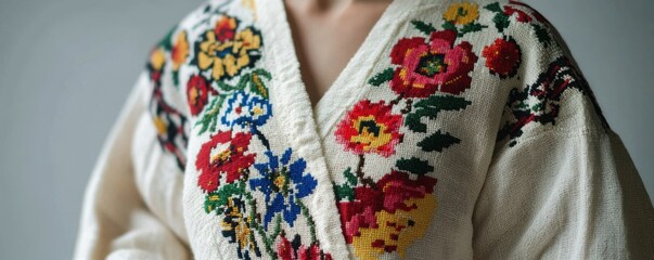 Colorful floral embroidered garment on caucasian female