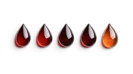 Obraz premium Five glossy drops resembling liquid, showcasing rich amber and dark hues.