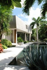 Modern architectural design featuring a sleek house surrounded by tropical landscaping and a serene pool in a sunlit environment