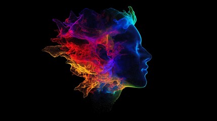 Colorful smoke profile, vibrant rainbow colors, swirling ethereal mist, abstract human silhouette, dark background, digital art, neon hues, intricate details, dreamlike quality, psychedelic effect
