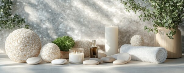 Serene spa setting with candles, towels, and natural elements for relaxation