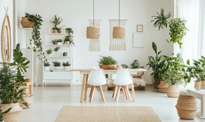 Modern dining area with minimalist decor and natural elements in stylish home setting