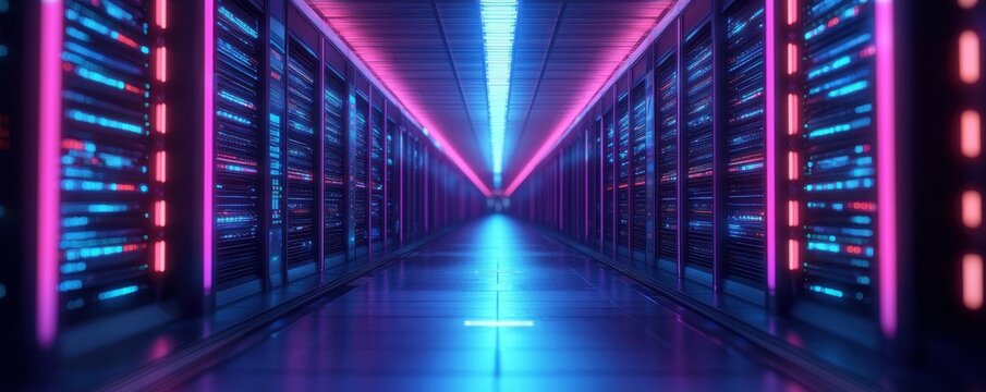 A futuristic data center corridor illuminated with vibrant blue and pink lights, showcasing rows of server racks.