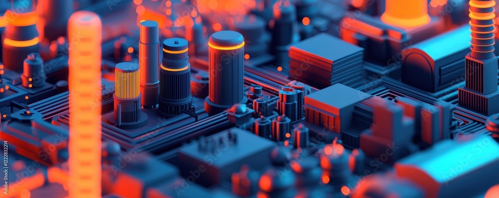 Poster a vibrant macro shot of a circuit board featuring intricate electronic components and colorful light