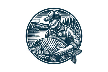 Vintage engraving of a fisherman with a carp in a natural setting