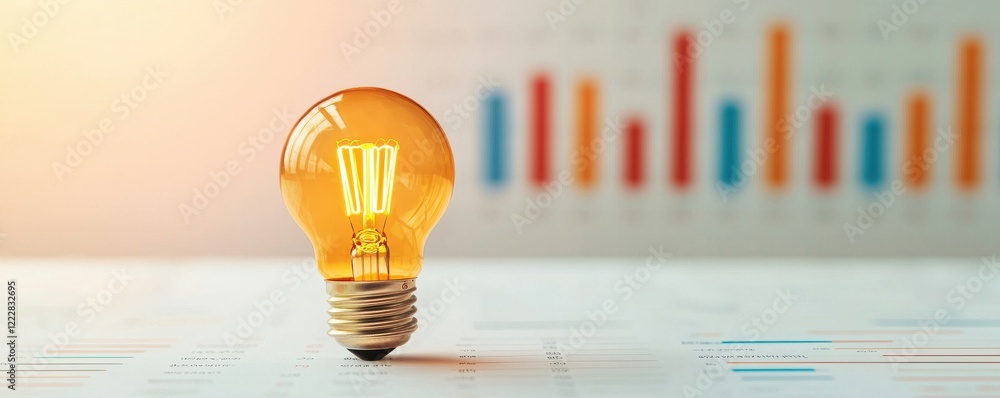 Poster a glowing light bulb symbolizes innovation and creativity, set against a backdrop of colorful bar gr