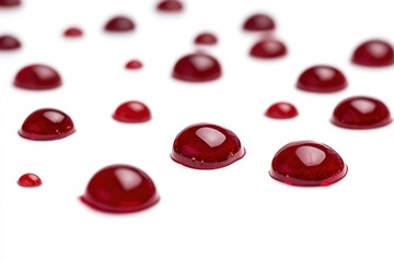 A collection of glossy red droplets on a white surface, resembling liquid or gel.