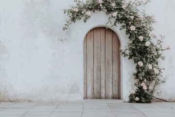 Fototapeta premium A delightful wooden door, elegantly framed by vibrant climbing roses, is beautifully set against a rustic white wall in a peaceful outdoor environment