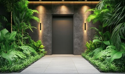 Naklejka premium modern entrance with lush greenery and ambient lighting creating serene atmosphere