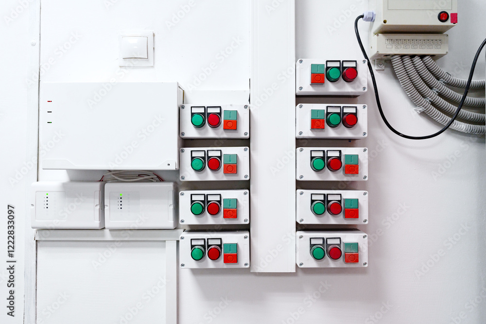 Poster control panel with multiple switches and indicators installed on the wall in a modern industrial set