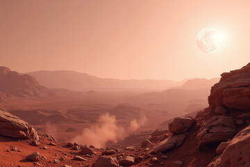 Mars rocky terrain under pale pink sky with floating dust
