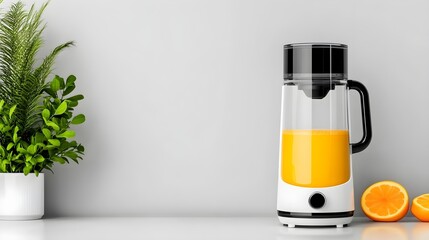 Modern Blender with Fresh Orange Juice and Green Plant Decor