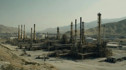 Obraz premium Industrial Refinery Complex Against Mountainous Terrain