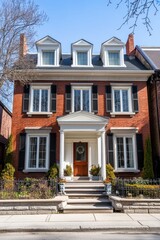 This delightful red brick house features beautiful, elegant details and a warm, inviting entrance, nestled in a picturesque suburban neighborhood on a bright, sunny day