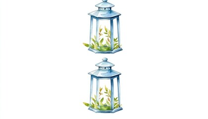 A pair of elegant blue lanterns adorned with green foliage, set against a clean white background