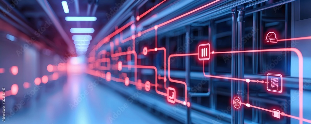 Poster a futuristic corridor illuminated by glowing red lines representing data connections, emphasizing te