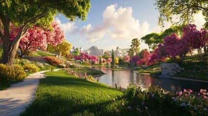 Fototapeta premium Serene Landscape with Blooming Cherry Trees, Reflective Water, and Lush Greenery in a Vibrant Spring Setting