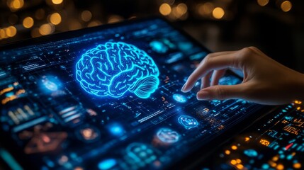 Exploring the Digital Mind. Futuristic Tech with Holographic Brain Interface and Person s Touch