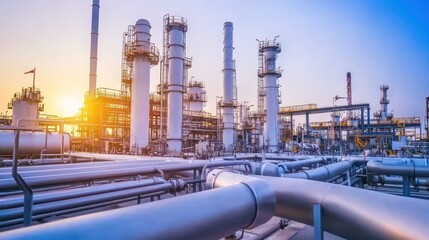 Industrial Refinery Complex at Sunset Showing Pipes and Towers